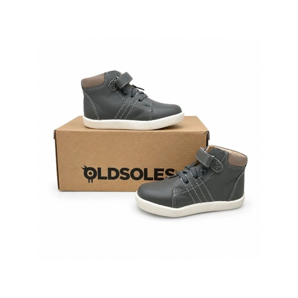 Leather Toddler High Top Sneakers Boys Size 9 Grey Taupe Hook and Loop Old Soles - Picture 6 of 9